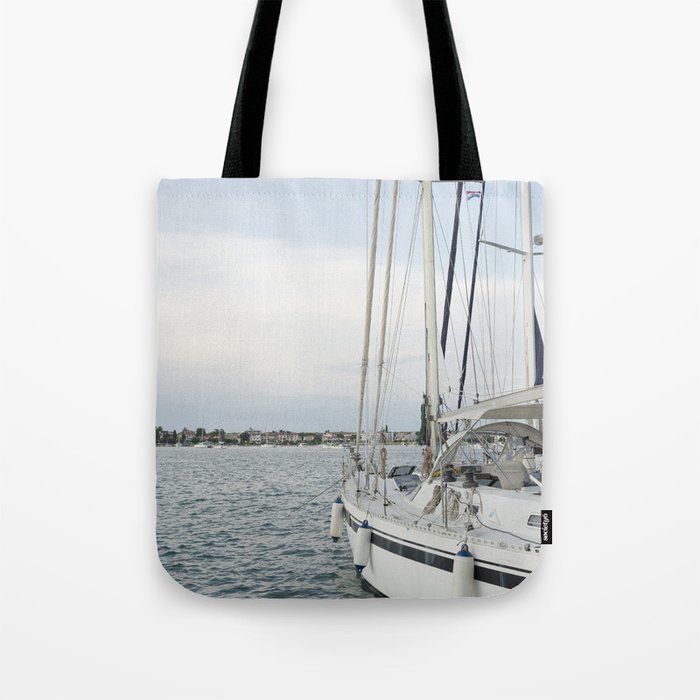 Sailboat in Croatian Harbor - Nautical Travel Photography  Tote Bag Gallery Image 1