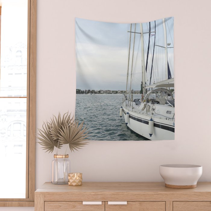 Sailboat in Croatian Harbor - Nautical Travel Photography  Wall Tapestry Gallery Image 2