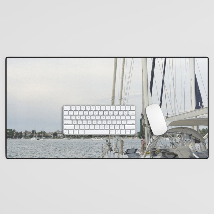 Sailboat in Croatian Harbor - Nautical Travel Photography  Desk Mat Gallery Image 1