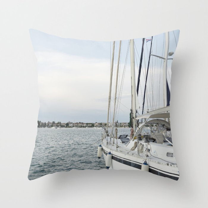 Sailboat in Croatian Harbor - Nautical Travel Photography  Throw Pillow Gallery Image 1