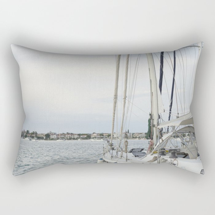 Sailboat in Croatian Harbor - Nautical Travel Photography  Rectangular Pillow Gallery Image 1