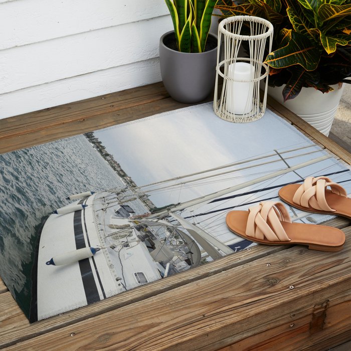 Sailboat in Croatian Harbor - Nautical Travel Photography  Outdoor Rug Gallery Image 2