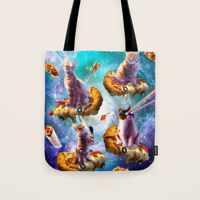 Outer Space Cats With Rainbow Laser Eyes Riding On Pizza Tote Bag Gallery Image 1