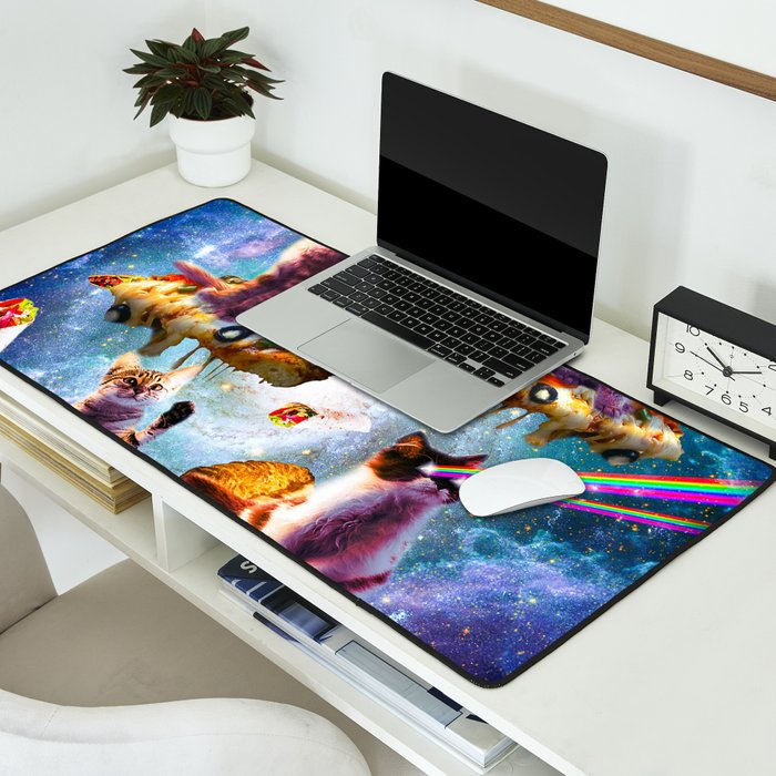 Outer Space Cats With Rainbow Laser Eyes Riding On Pizza Desk Mat Gallery Image 2