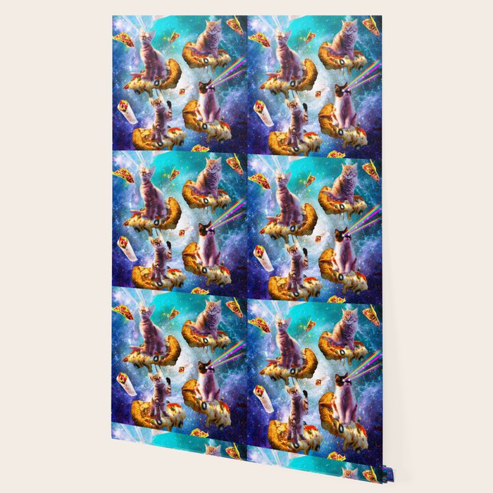Outer Space Cats With Rainbow Laser Eyes Riding On Pizza Wallpaper Gallery Image 2