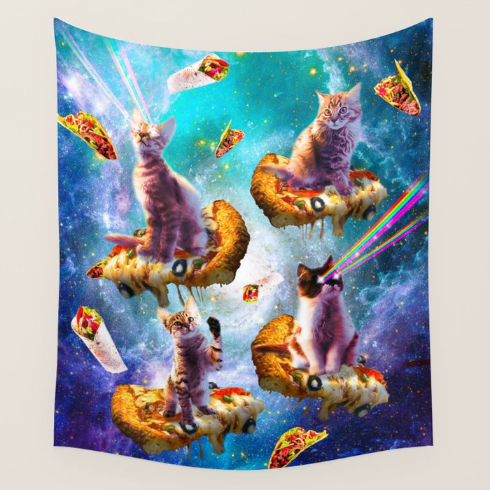 Outer Space Cats With Rainbow Laser Eyes Riding On Pizza Wall Tapestry Gallery Image 1