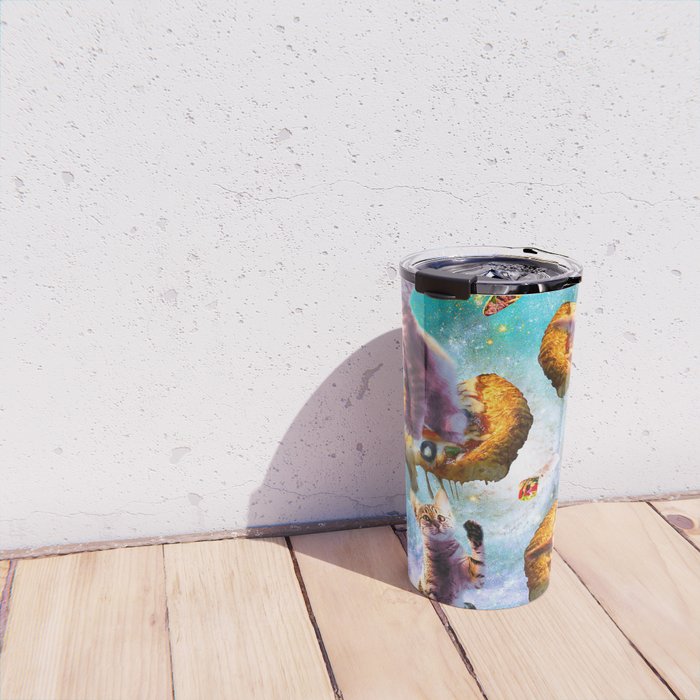 Outer Space Cats With Rainbow Laser Eyes Riding On Pizza Travel Mug Gallery Image 4
