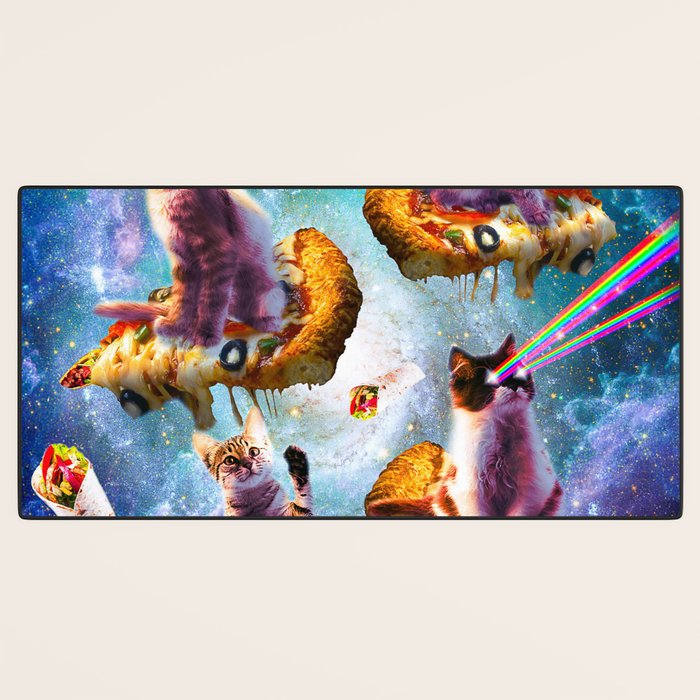 Outer Space Cats With Rainbow Laser Eyes Riding On Pizza Desk Mat Gallery Image 3