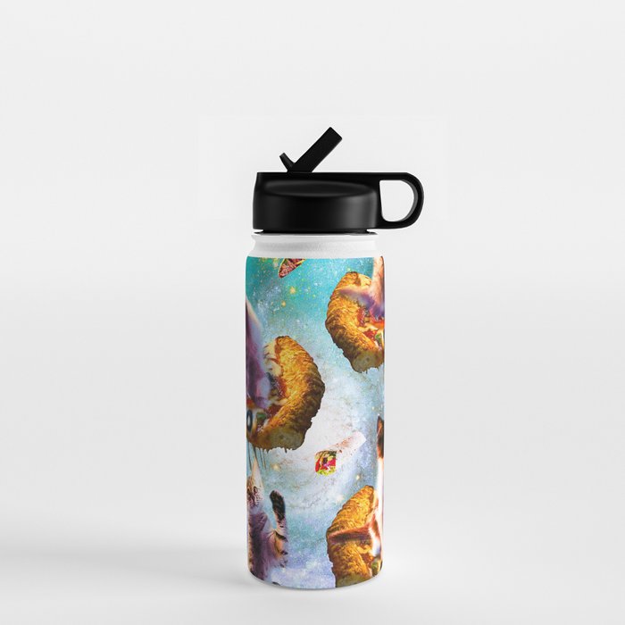 Outer Space Cats With Rainbow Laser Eyes Riding On Pizza Water Bottle Gallery Image 1