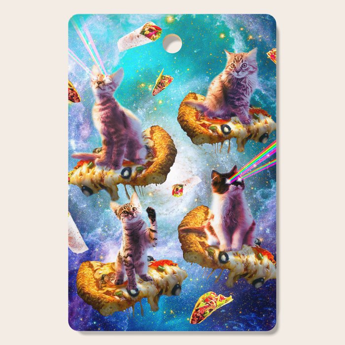 Outer Space Cats With Rainbow Laser Eyes Riding On Pizza Cutting Board Gallery Image 1