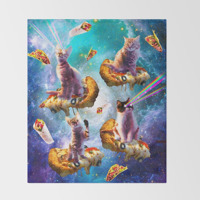 Outer Space Cats With Rainbow Laser Eyes Riding On Pizza Throw Blanket Gallery Image 2