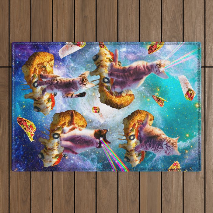 Outer Space Cats With Rainbow Laser Eyes Riding On Pizza Outdoor Rug Gallery Image 1