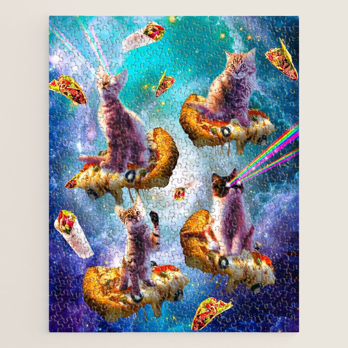 Outer Space Cats With Rainbow Laser Eyes Riding On Pizza Jigsaw Puzzle Gallery Image 1