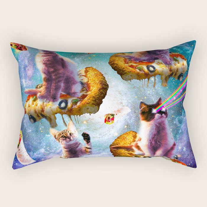 Outer Space Cats With Rainbow Laser Eyes Riding On Pizza Rectangular Pillow Gallery Image 1