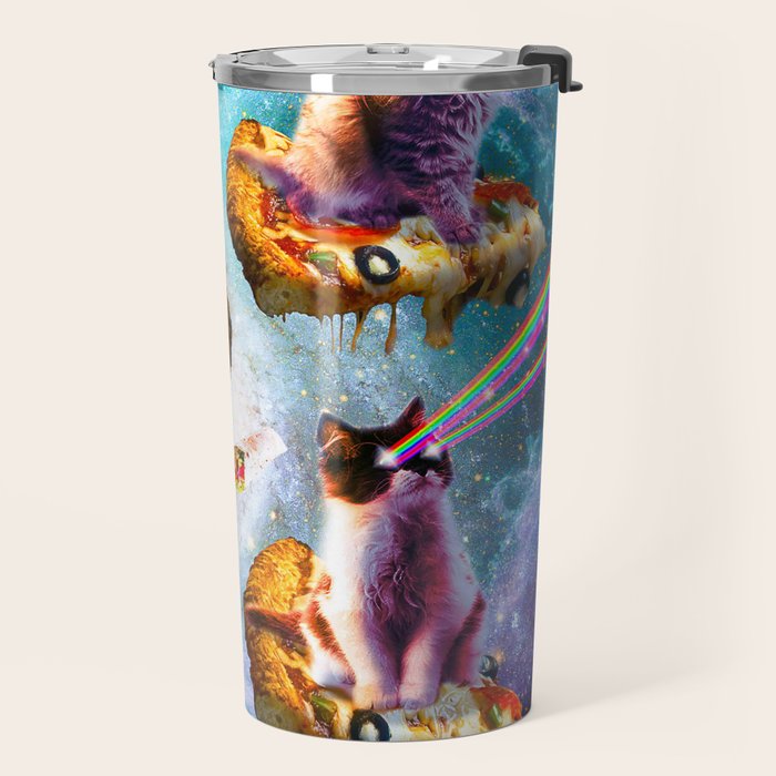 Outer Space Cats With Rainbow Laser Eyes Riding On Pizza Travel Mug Gallery Image 2