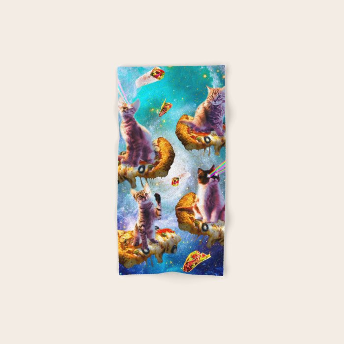 Outer Space Cats With Rainbow Laser Eyes Riding On Pizza Bath Towel Gallery Image 1