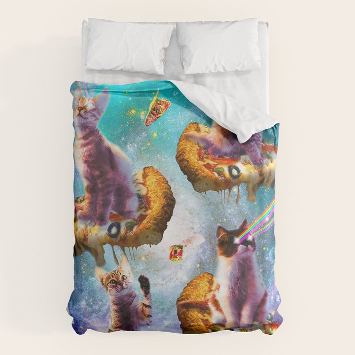 Outer Space Cats With Rainbow Laser Eyes Riding On Pizza Duvet Cover