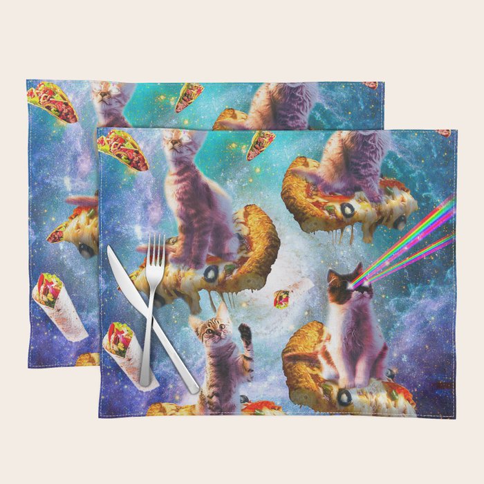 Outer Space Cats With Rainbow Laser Eyes Riding On Pizza Placemat Gallery Image 1