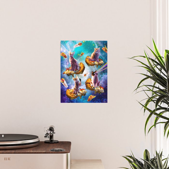 Outer Space Cats With Rainbow Laser Eyes Riding On Pizza Poster Gallery Image 2