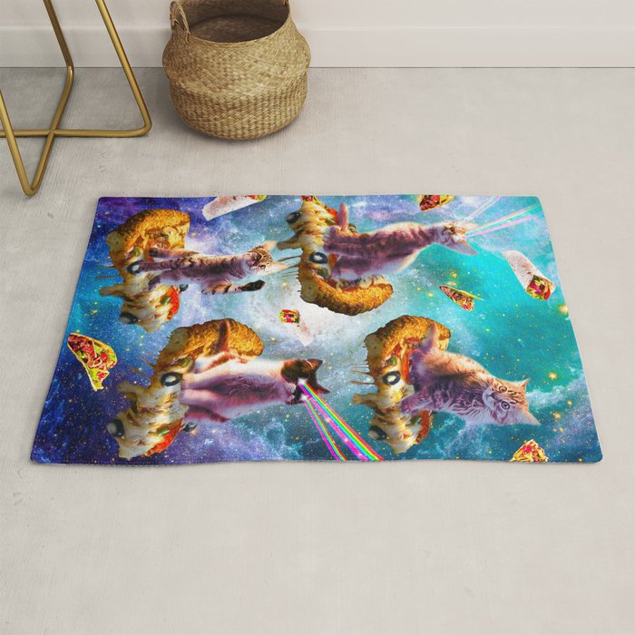 Outer Space Cats With Rainbow Laser Eyes Riding On Pizza Rug Gallery Image 1