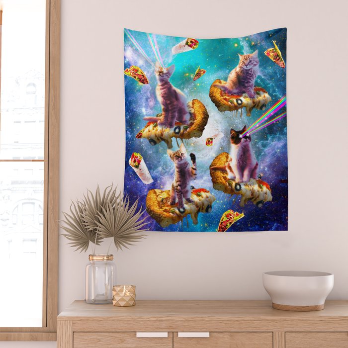 Outer Space Cats With Rainbow Laser Eyes Riding On Pizza Wall Tapestry Gallery Image 2