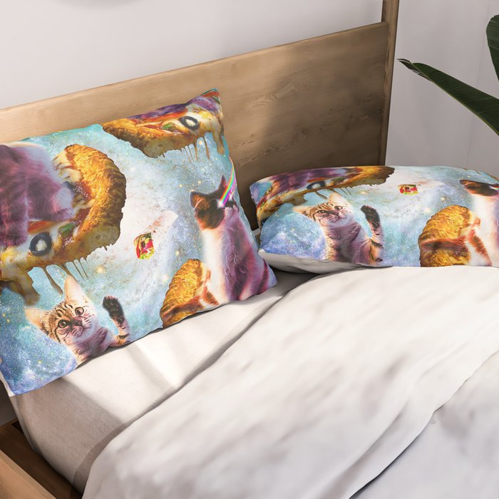 Outer Space Cats With Rainbow Laser Eyes Riding On Pizza Pillow Sham Gallery Image 2