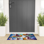 Outer Space Cats With Rainbow Laser Eyes Riding On Pizza Welcome Mat Gallery Image 3