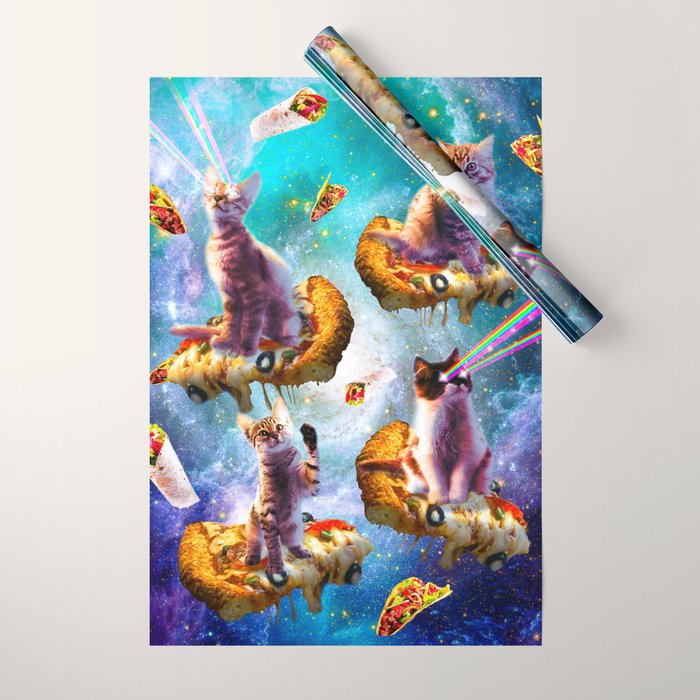 Outer Space Cats With Rainbow Laser Eyes Riding On Pizza Wrapping Paper Gallery Image 1