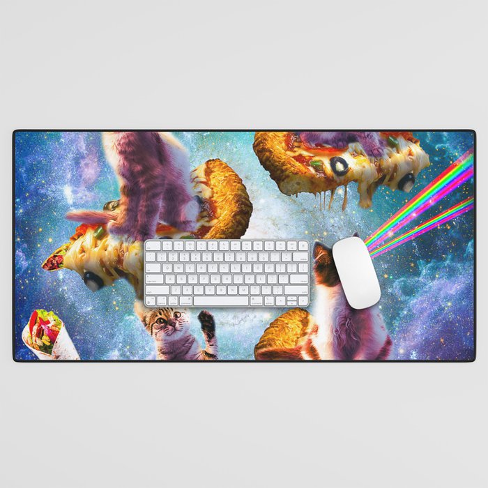 Outer Space Cats With Rainbow Laser Eyes Riding On Pizza Desk Mat Gallery Image 1