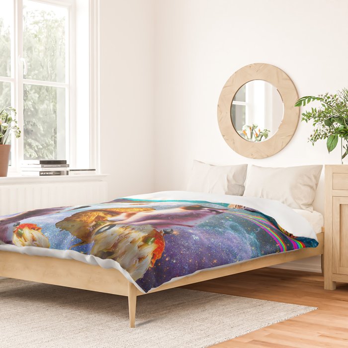 Outer Space Cats With Rainbow Laser Eyes Riding On Pizza Duvet Cover Gallery Image 2