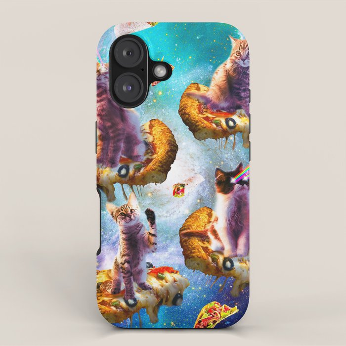 Outer Space Cats With Rainbow Laser Eyes Riding On Pizza iPhone Case Gallery Image 1
