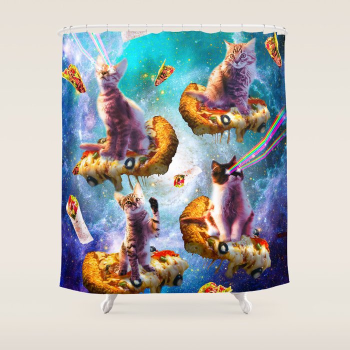 Outer Space Cats With Rainbow Laser Eyes Riding On Pizza Shower Curtain Gallery Image 1