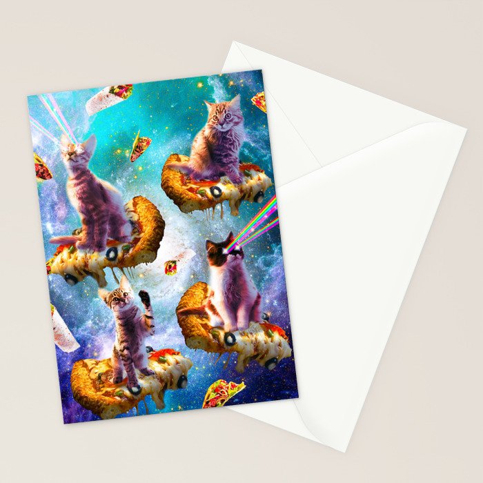 Outer Space Cats With Rainbow Laser Eyes Riding On Pizza Stationery Card Gallery Image 2