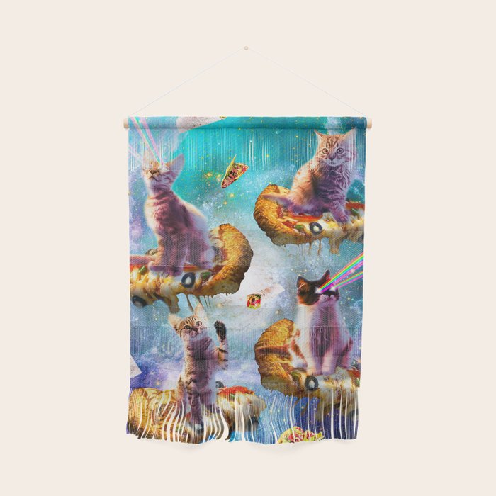 Outer Space Cats With Rainbow Laser Eyes Riding On Pizza Wall Hanging Gallery Image 1