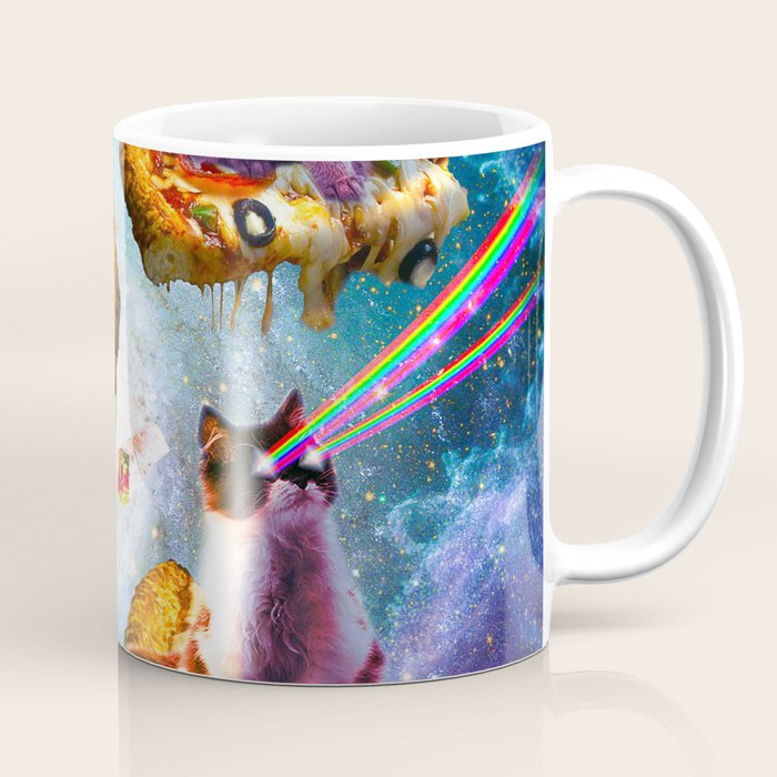 Outer Space Cats With Rainbow Laser Eyes Riding On Pizza Coffee Mug