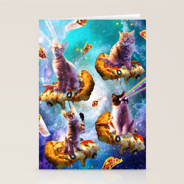 Outer Space Cats With Rainbow Laser Eyes Riding On Pizza Stationery Card Gallery Image 1