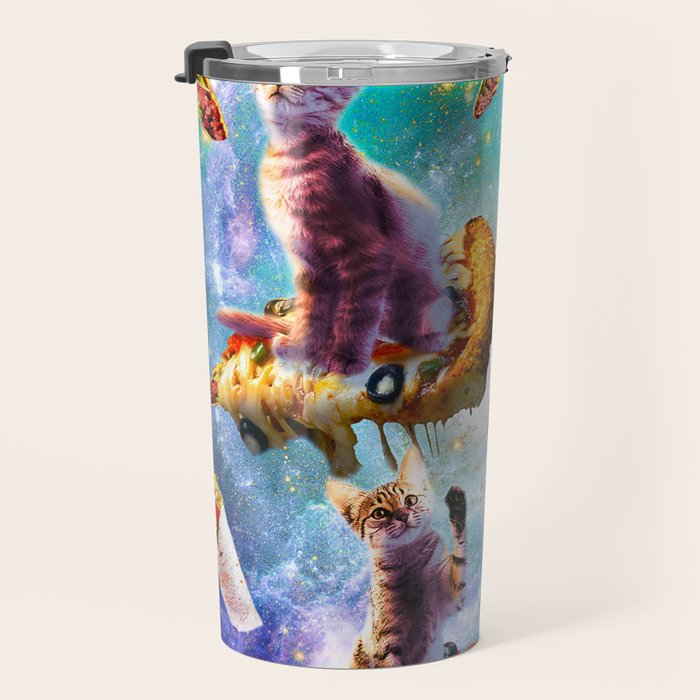 Outer Space Cats With Rainbow Laser Eyes Riding On Pizza Travel Mug Gallery Image 3