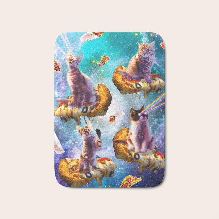 Outer Space Cats With Rainbow Laser Eyes Riding On Pizza Bath Mat Gallery Image 1