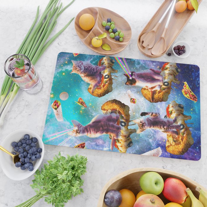 Outer Space Cats With Rainbow Laser Eyes Riding On Pizza Cutting Board Gallery Image 2
