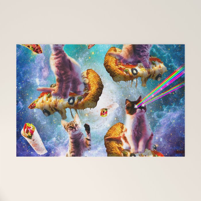 Outer Space Cats With Rainbow Laser Eyes Riding On Pizza Welcome Mat Gallery Image 1