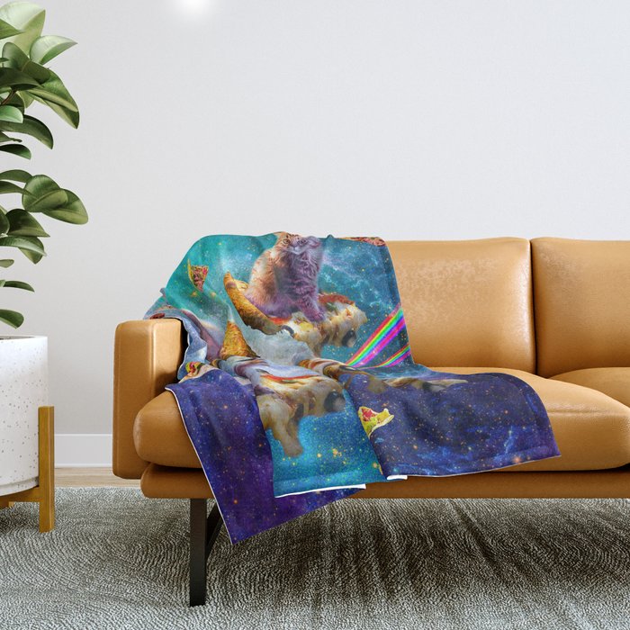 Outer Space Cats With Rainbow Laser Eyes Riding On Pizza Throw Blanket Gallery Image 1