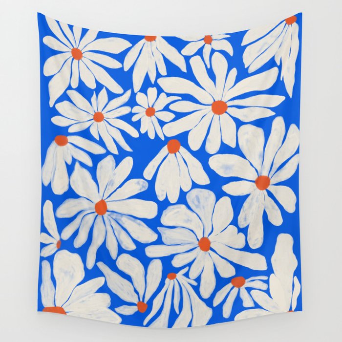 Boho Daisies on Indigo Blue Wall Tapestry Gallery Image 1
