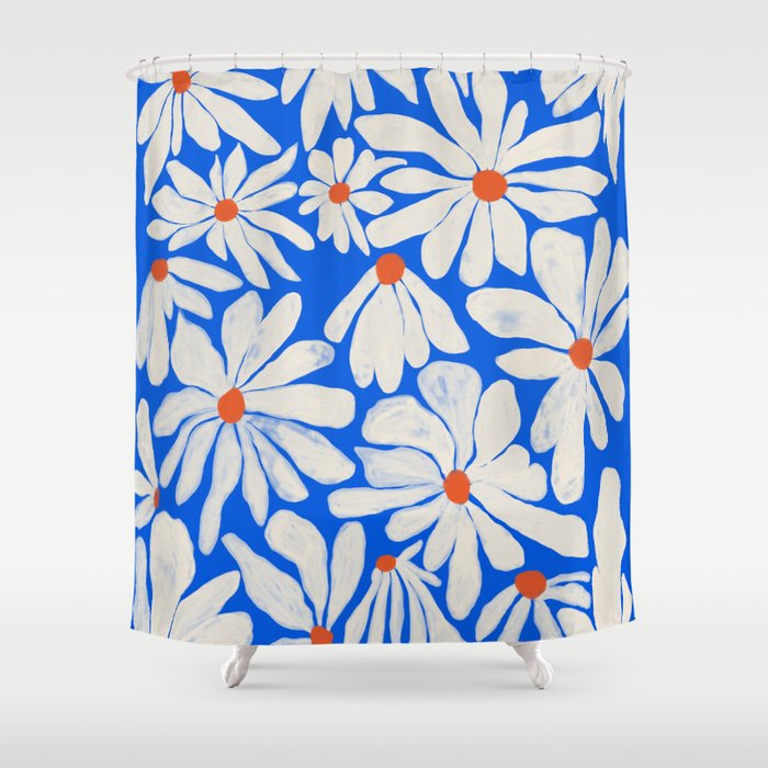 Boho Daisies on Indigo Blue Shower Curtain Gallery Image 1