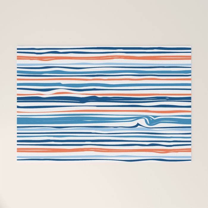 Modern Abstract Ocean Wave Stripes in Classic Blues and Orange Welcome Mat