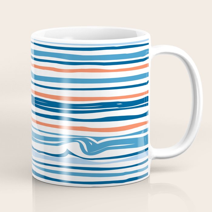 Modern Abstract Ocean Wave Stripes in Classic Blues and Orange Coffee Mug Gallery Image 1