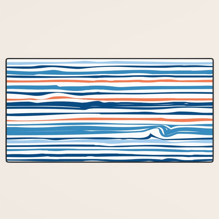 Modern Abstract Ocean Wave Stripes in Classic Blues and Orange Desk Mat Gallery Image 3