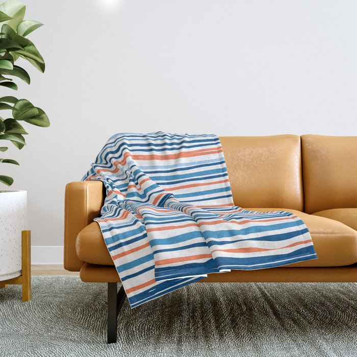 Modern Abstract Ocean Wave Stripes in Classic Blues and Orange Throw Blanket Gallery Image 1