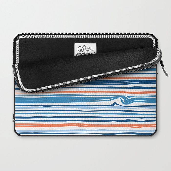 Modern Abstract Ocean Wave Stripes in Classic Blues and Orange Laptop Sleeve Gallery Image 2