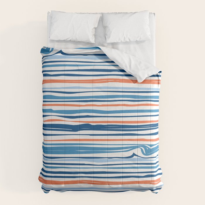Modern Abstract Ocean Wave Stripes in Classic Blues and Orange Comforter Gallery Image 1