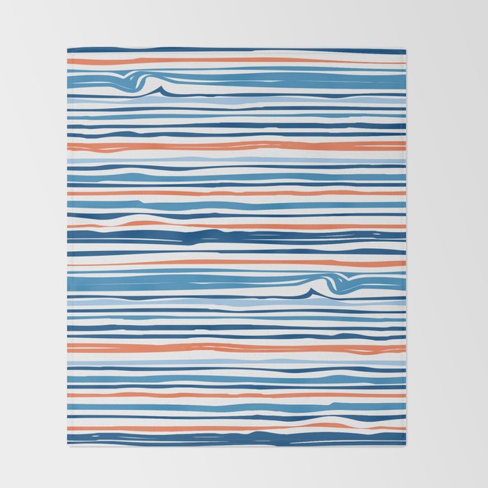 Modern Abstract Ocean Wave Stripes in Classic Blues and Orange Throw Blanket Gallery Image 2